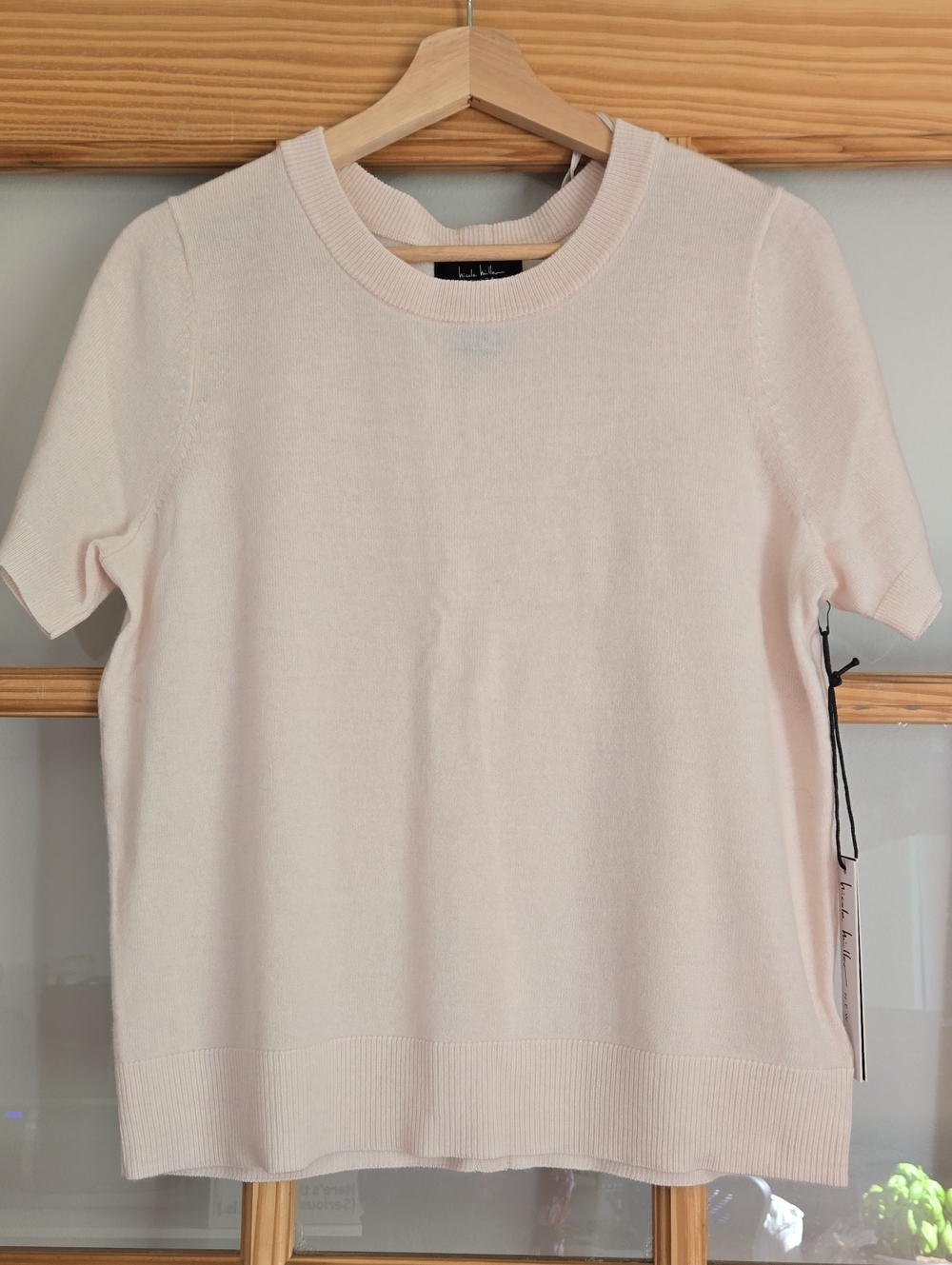 Nicole Miller Extra Fine Merino Wool Cream Pink Short Sleeve Crewneck Knit Top M
